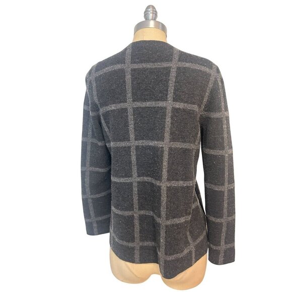 Eileen Fisher Caridgan Open Front Merino Wool Windowpane Plaid Grey Black XS - Picture 4 of 7